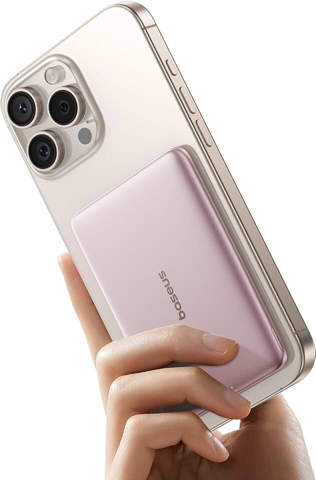 Baseus Magsafe Power Bank Ultra Slim, Ultraleichte Magnetische Powerbank für iPhone 16/15/14, Mini Wireless 5000mAh Power Bank USB-C PD 20W, Externe Batterie mit LED-Display, Rosa