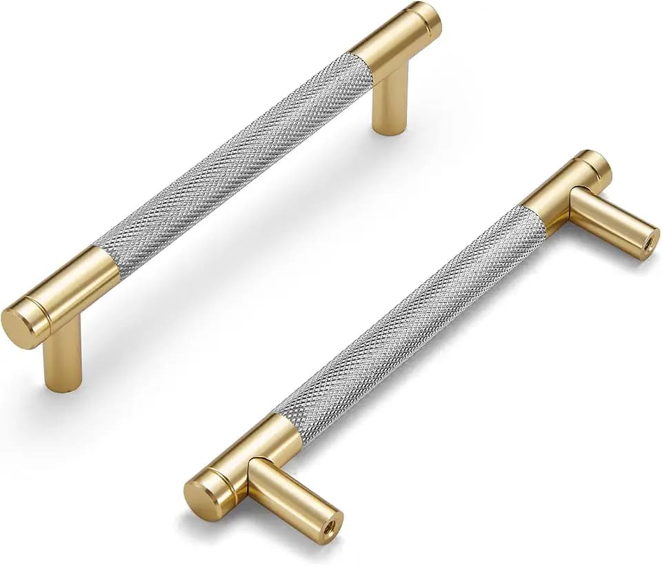 10 Pack Cabinet Handles Gold and Nickel 3 3/4 Inch Brass Drawer Pulls Round Cabinet Pulls with Knurled Pattern Kitchen Cabinet Hardware