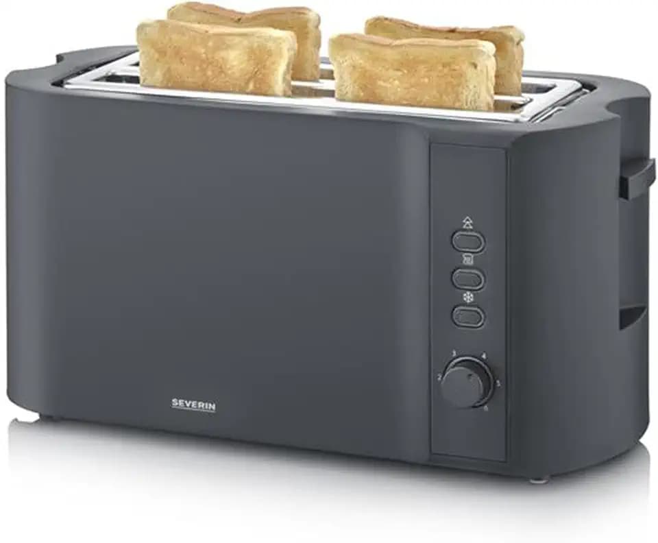 Severin Toaster Langschlitz, 4 Scheiben mit integrierten Brötchenaufsatz, 2 Langschlitz-Röstschachte, verschiedene Aufwärmstufen, 1.400 W, Schwarz Matt, AT 2591, Mattschwarz