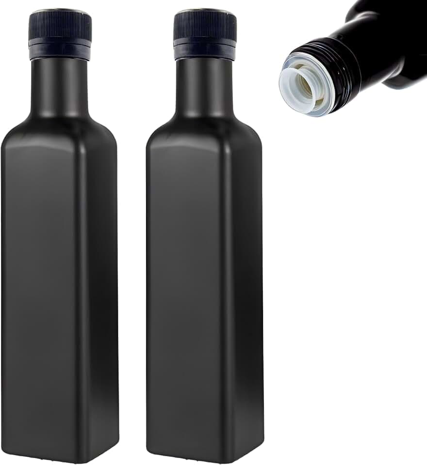 mikken 2 x Ölflasche 250 ml mit Ausgiesser Ölspender Glasflasche schwarz inkl. Etiketten