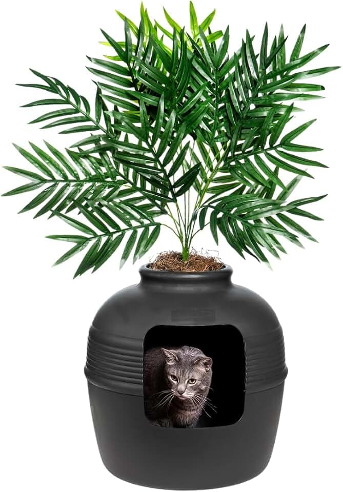 Good Pet Stuff Original Hidden Litter Box Planter, Decorative Cat Litter Enclosure, Carbon Filter, Faux Plant, Round Design, Easy to Clean, Base Kit, Palm Plant, Charcoal Black