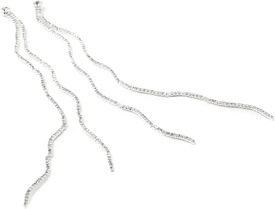 Silver Crystal Rhinestone Long Curve 2 String Strand Row Dangle Earrings