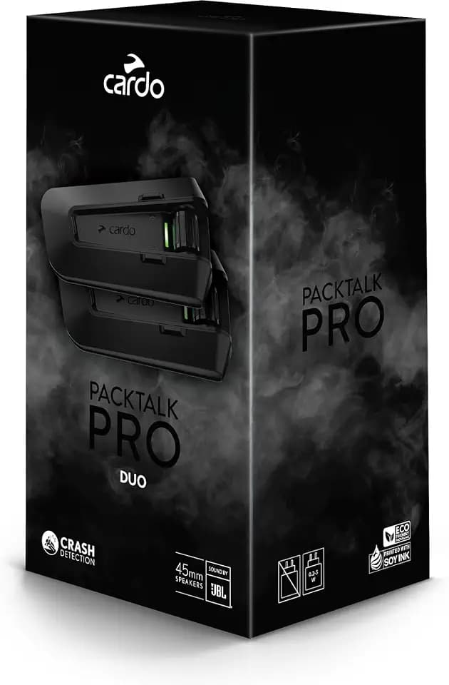 Cardo PACKTALK PRO Motorcycle Helmet Communication System Intercom, Crash Detection, Auto On/Off, Air Mount, 45mm Speakers, Dual Pack