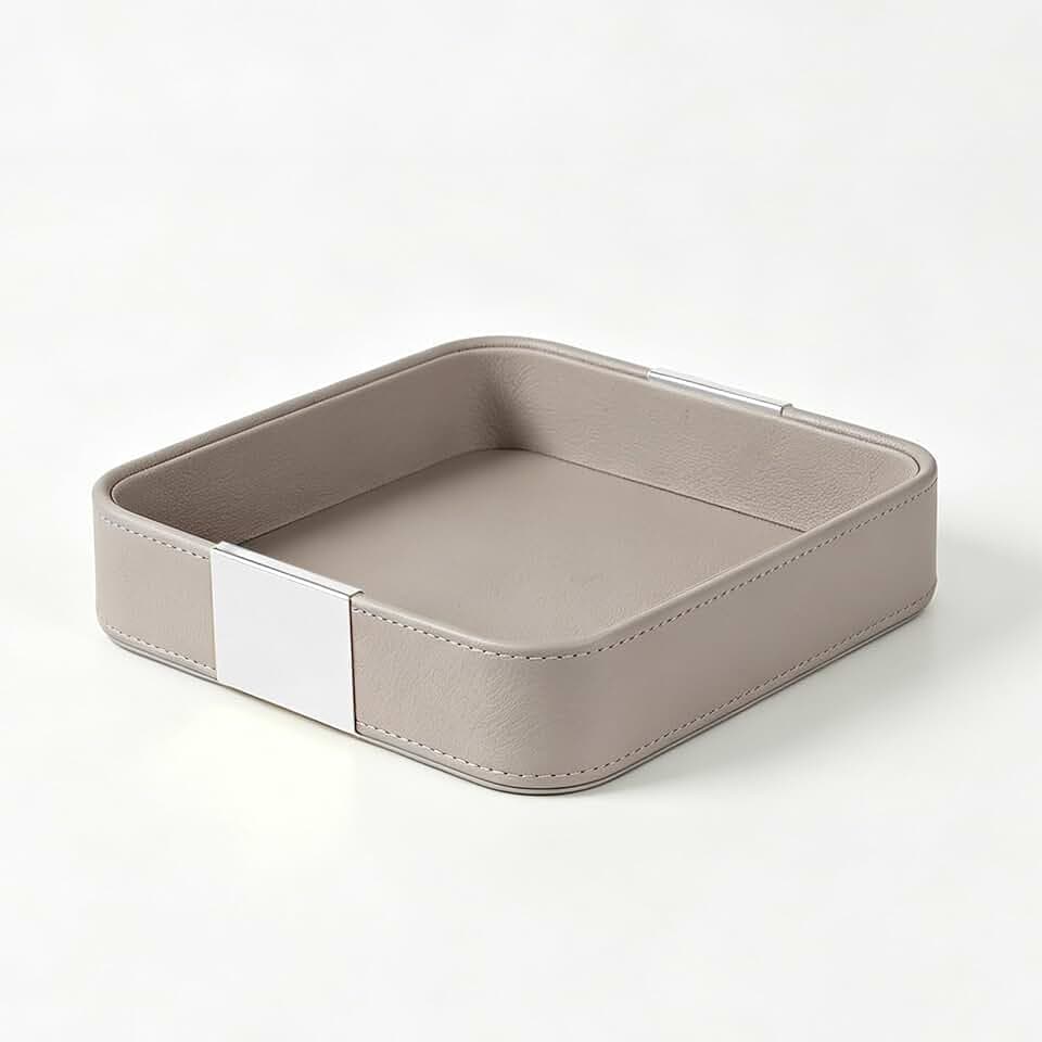 SANZIE Lederschale Schlüsselschale Aufbewahrung (Metallversilbert, Beige)