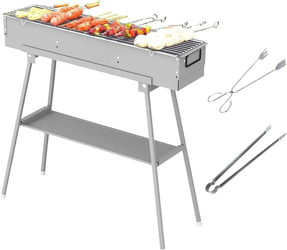 Portable Charcoal Grills, Alloy Steel BBQ Grill with Foldable Stand Adjustable Air Vents, Kebab Skewer BBQ Barbecue Grill Kit for Garden Backyard Party Picnic Travel Outdoor Use (31.6x7.1inch)