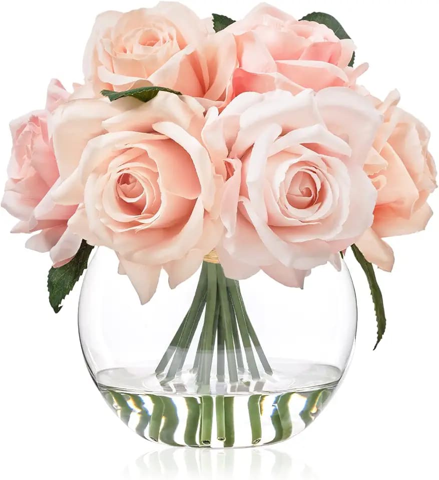 WELL KNOWN Artificial Flowers with Vase, Pink Silk Rose Artificial Flowers