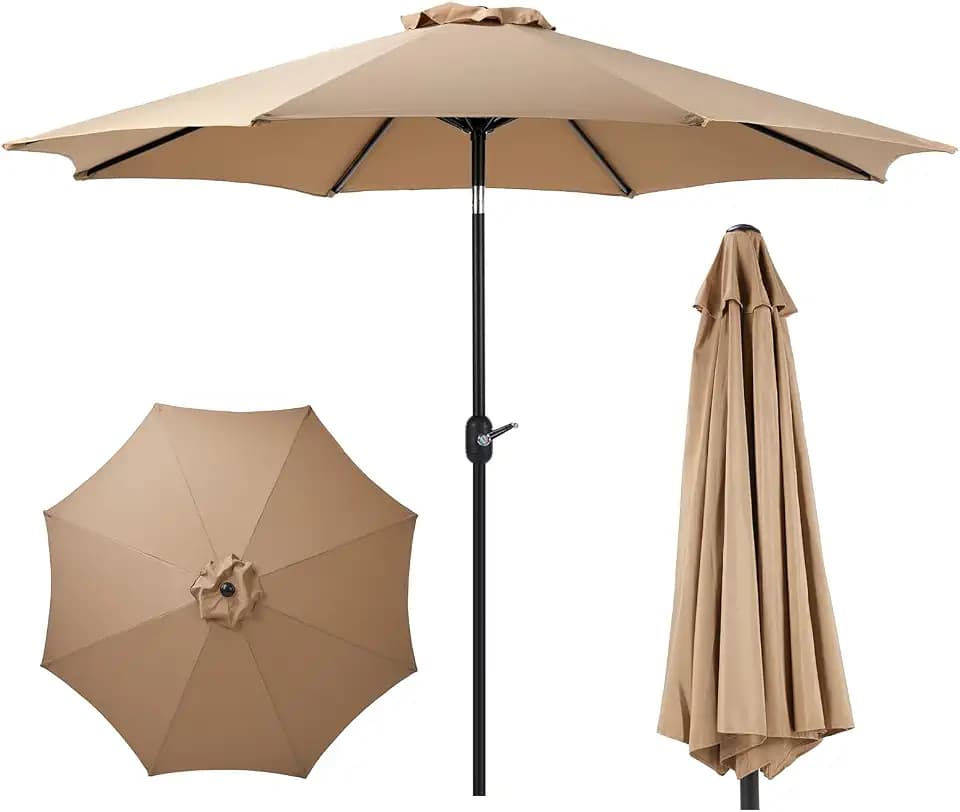 OLIXIS 9ft Patio Umbrella with Tilt and Crank Button & 8 Sturdy Ribs Waterproof, 9 Feet Patio Table Umbrella Perfect for Poolside, Terrace, Beach and Outdoor Restaurant, Brown