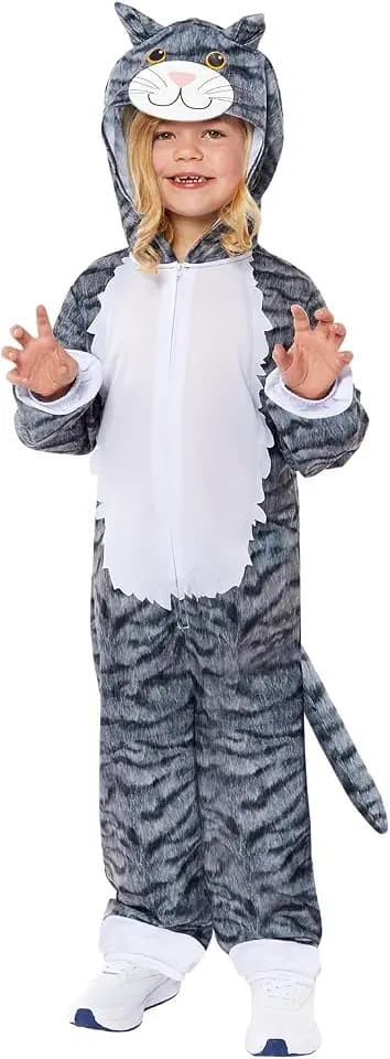 amscan Unisex World Book Day Grey Tabby Cat Hooded Jumpsuit Kids Fancy Dress Costume