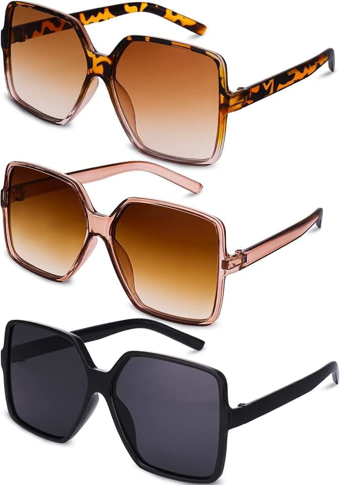 Fuyamp 3 Stück Rechteckige Übergröße Sonnenbrille Damen Herren Groß Brille, UV 400 Retro Quadrat Brillen Mode