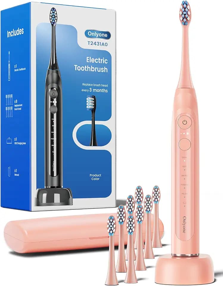 Onlyone Electric Toothbrush for Adults, Rechargeable Electric Toothbrush with 8 Brush Heads, Travel Case, Charging Base & Wireless Charging - 5 Modes with Smart Timer, Pink