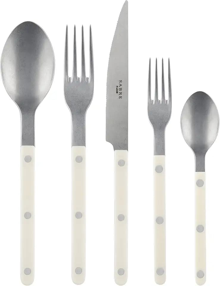 SABRE PARIS - 20-Piece Flatware Set For 4 - Bistrot Vintage Collection - Knives, Forks, Soup Spoons, Teaspoons & Dessert Forks - Stainless Steel & Nylon - Dishwasher Safe - Ivory - Mat Finish