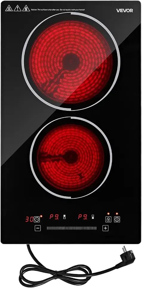 VEVOR Electric Cooktop 12inch 2 Burners Portable Stove Top, Ceramic Radiant Stove Countertop & Built-in, 9 Power Levels, Timer, Child Lock, Touch&Integrated Control, Single Ring, Standard, 110V 1800W