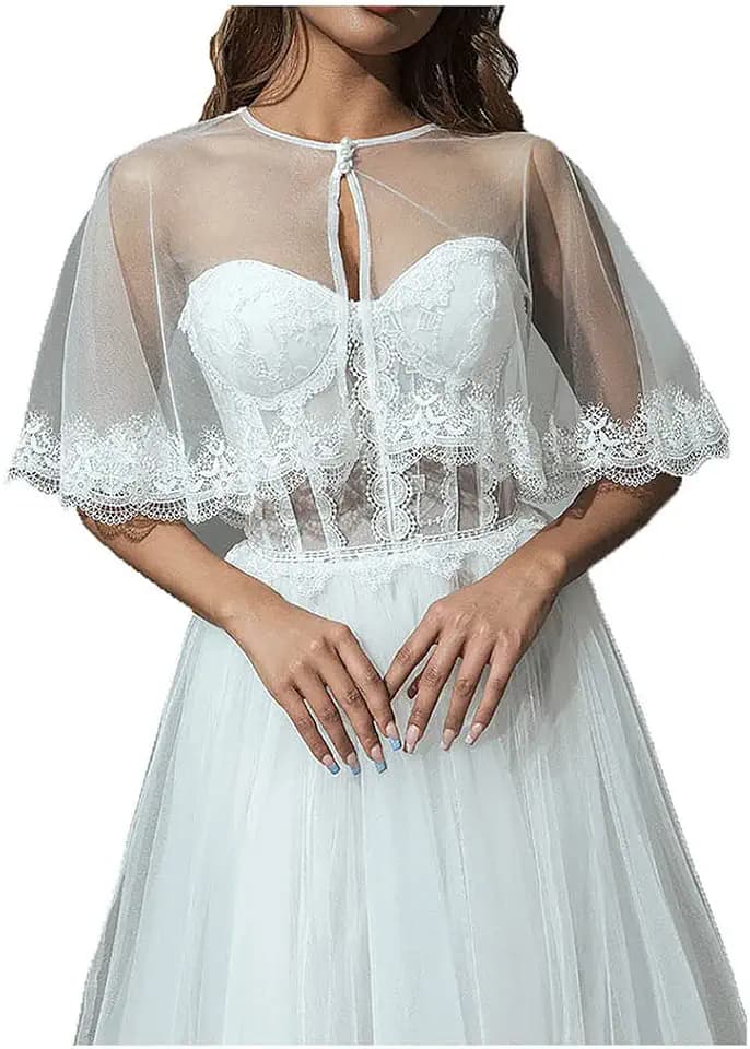 Unicra Abendkleid Spitze Cape Hochzeit Tüll Bolero Jacke Shrugs Weiße Spitze Braut Crop Top Cape für Frauen und Brautjungfern