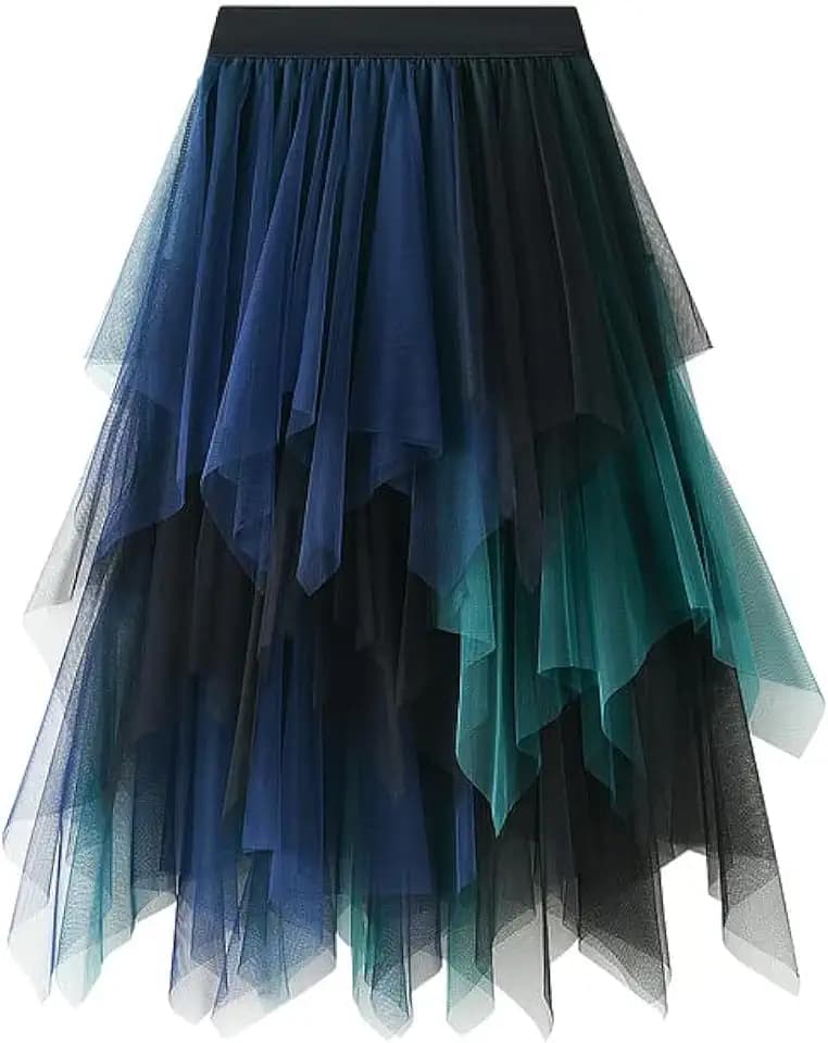 Damen Tüllrock Ballerina - Hochtaillierter A-Linie Midirock mit Plissee & Volant, Mehrschichtiger Unregelmäßiger Tuellrock mit Unterrock für Abschlussball & Party
