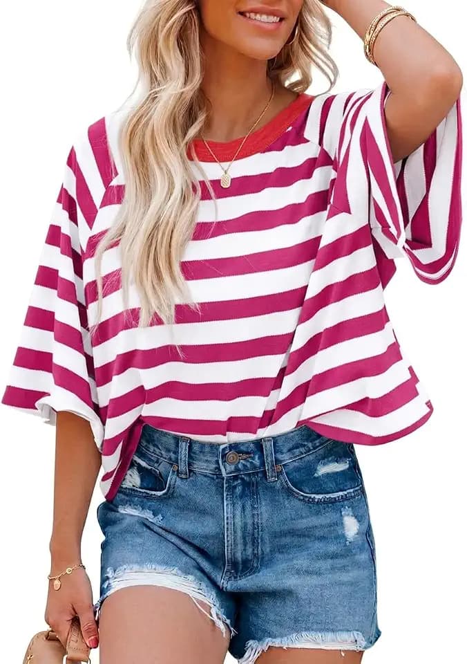 Chicrise Tshirt Damen Sommer Oversize Gestreiftes Oberteile Kurze Rundhals Lässige Kurzarm Top