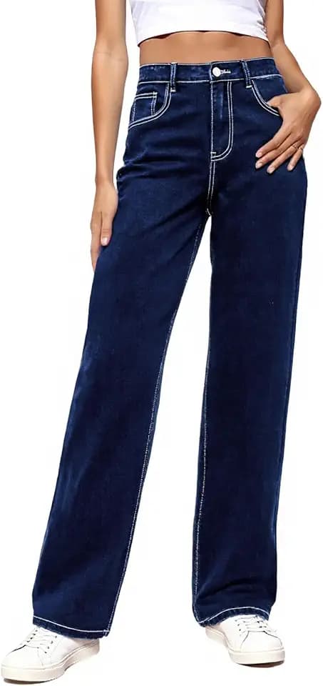 Women's Straight Leg Jeans High Waisted Stretchy Baggy Trousers