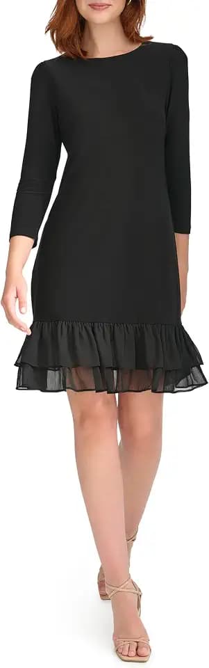 Tommy Hilfiger Women's 3/4 Sleeve Jersey/Chiffon Mix Ruffle Hem Dress