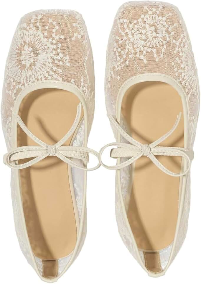 GORGLITTER Women's Lace Mesh Ballet Flats Ballerina Maryjanes Dress Shoes