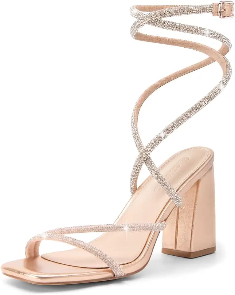 Coutgo Womens Lace Up Chunky Heels Rhinestone Sandals Square Open Toe High Block Heeled Wedding Dress Shoes