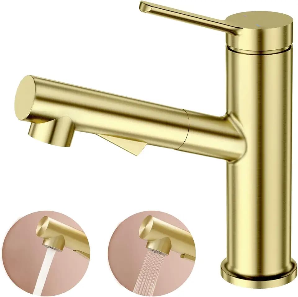 Faustina Waschtischarmatur Bad für Waschbecken ausziehbar, Einhebelmischer Waschtisch Armatur Wasserhahn Bad Waschbeckenarmatur Badarmatur, Edstahl Gold gebürstet matt