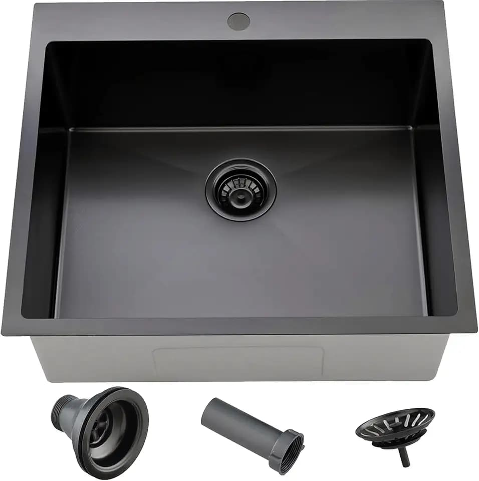 Comllen 25 x 22 Inch Drop In Black Kitchen Sink,Topmount 16 Gauge Stainless Steel Black Kitchen Sinks, 9 Inch Deep Utility RV Sink with Basket Strainer