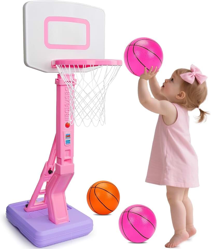Qirptey Girl Basketball Hoop Indoor Pink Adjustable Mini Basketball Goal with Ball Pump for Outdoor Poolside Toys Backyard Game Outside Basketball Toy for Kids Age 3-5 6 7 4-8 Birthday Gift