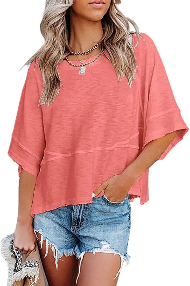 Sovelen Women's Summer Casual T-Shirts Loose Fit Crewneck 3/4 Sleeve Tops