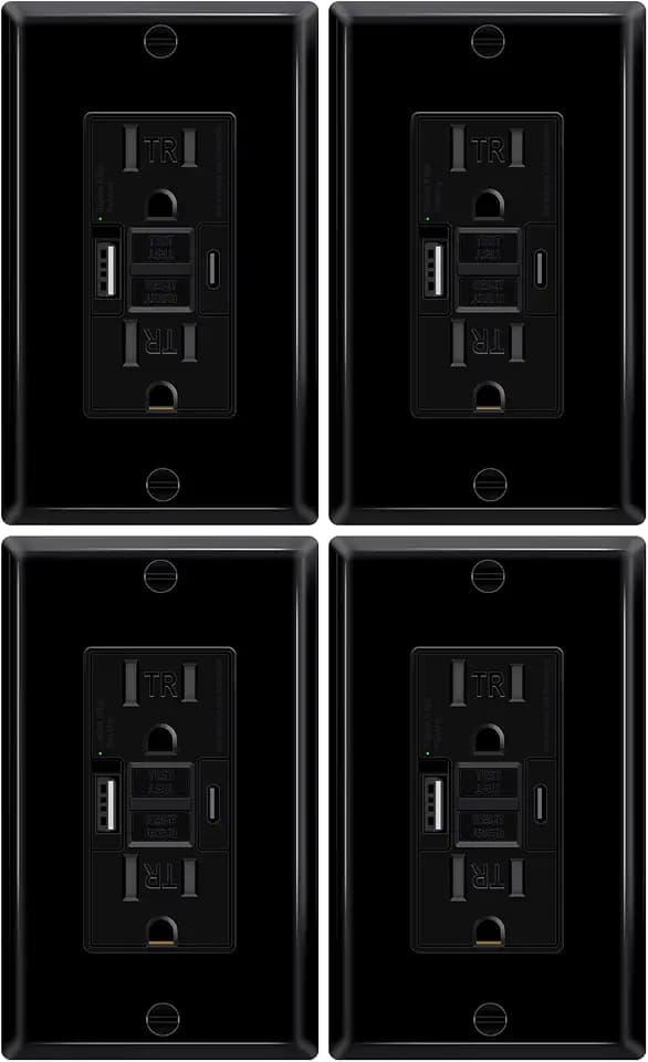 4 Pack Black 15A GFCI Outlet with USB Ports(Type A & C, 4.8A/24W Total Output), GFI Electrical Outlet with 2 USB Charging Ports- Self-Test Tamper-Resistant with LED Indicator, ETL Listed