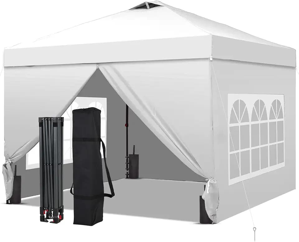 GDY 10x10FT Pop-Up Canopy Tent — with 4-Side Walls & Vented Top, Portable Outdoor Event Tent for Garden, Poolside, Parks, Parties,Camping, White.