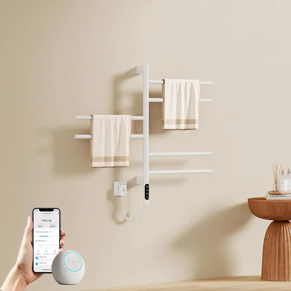 EMKE Elektrischer Badheizkörper 782×450 mm, 180° schwenkbarer Handtuchheizkörper mit WiFi-App-Steuerung, Handtuchwärmer mit Thermostat & Timer zur Wandmontage, 135 Watt, IP45, Weiß