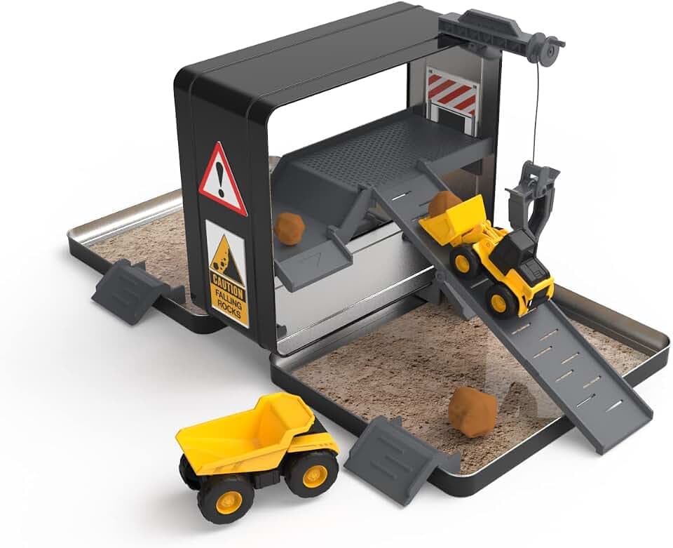 CAT Construction Toys, Store N Go Playset - Tin Travel Case Transforms into Multi-Level Worksite, Includes 2 Little Machines Vehicles & 10 + Accessories, Portable STEM Toy for Kids Ages 3 +