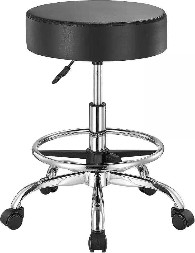 VEVOR Sattelhocker Rollhocker 204 kg belastbarer höhenverstellbarer (55-71 cm) Drehhocker Arbeitshocker mit Rückenlehne & Fußstütze, PU-Leder-Drehsattelstuhl für Salon Spa Massage Klinik Schwarz