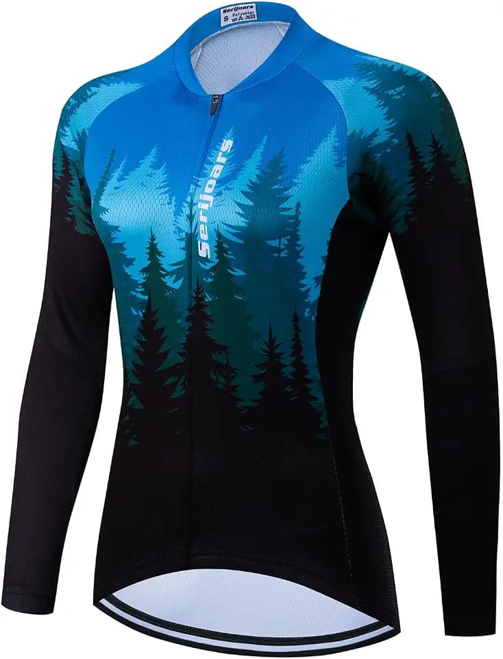 Serijoars Women's Long Sleeve Cycling Jersey MTB Shirts Quick Dry Bike Tops with Reflective Strip