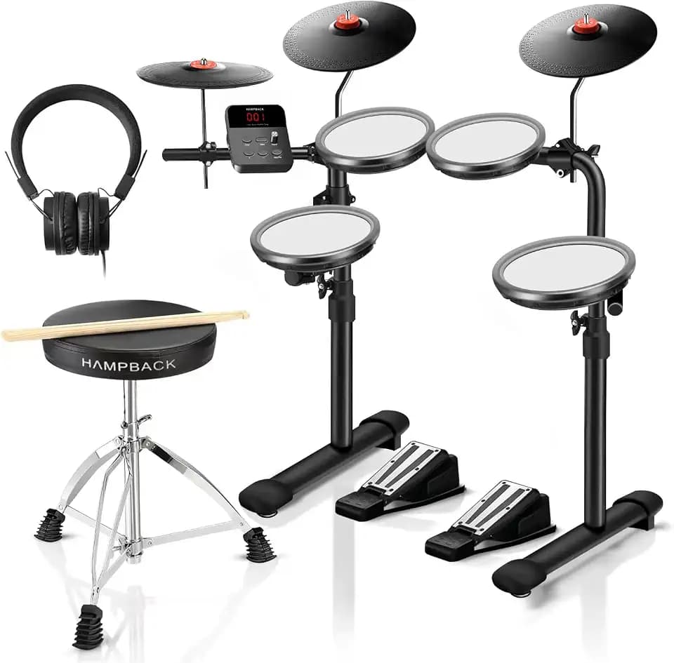 HAMPBACK MK-0 E-Drum Set mit 7" leisen Mesh-Drum-Pads, 8" Full-Rubber-Becken, 12 Kits und 68 authentischen Sounds, USB-MIDI, Drumhocker, Drumsticks, Kopfhörer und 2 Fußpedalen für Anfänger & Kinder