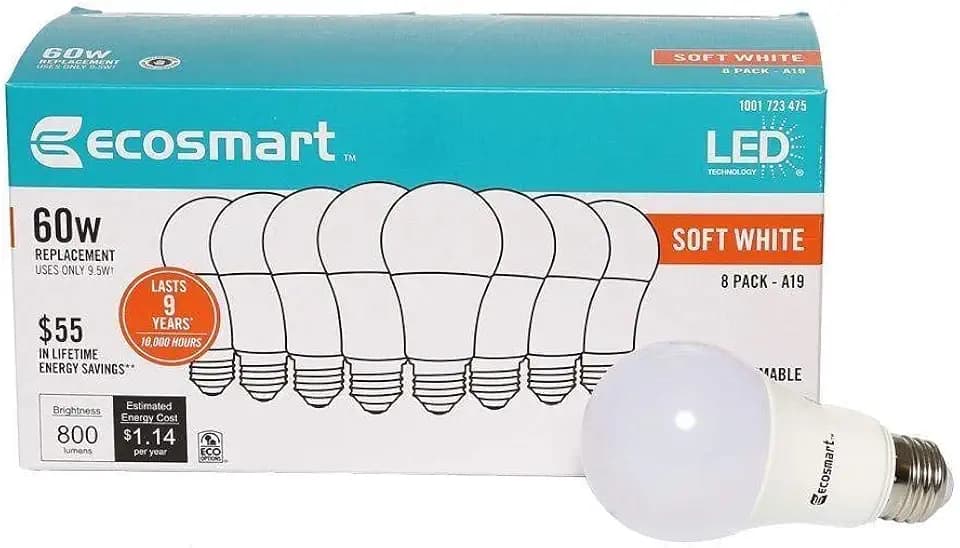 EcoSmart 9.7 Watt (60W Equivalent) Soft White A19 Non-Dimmable LED Light Bulb 1 Box (8 Bulbs Total)
