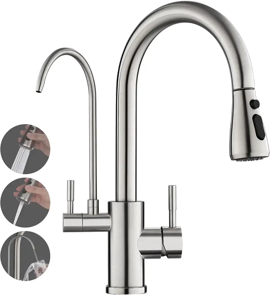 ROVOGO 3 Wege Wasserhahn Küche mit Filter, Hochdruck Küchenarmatur mit Brause Ausziehbar, Doppelhebel Spültischarmatur für Heiß-, Kalt- und Trinkwasser, Mischbatterie Gebürstet Edelstahl, C-Auslauf