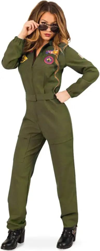 KarnevalsTeufel Kampfpilotin Overall in Olivegrün für Frauen inkl. Brille