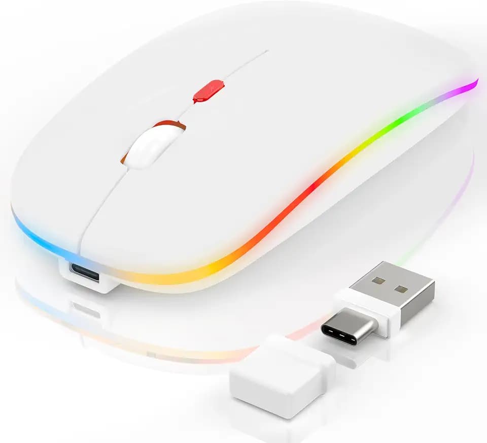 LED Bluetooth Maus Kabellose, Wiederaufladbare Maus für iPad MacBook PC Laptop Computer, Tragbare Schlanke Leise, 3 Modi Bluetooth 5.2/3.0 & 2.4G USB-A/USB-C Anschluss mit Jiggler Mouse, Weiß
