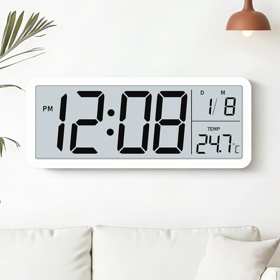 Digitale Wanduhr Groß: Modern Wanduhr mit Temperaturanzeige, Batteriebetrieben, Hintergrundbeleuchtet, 12/24HR, 25cm Digital Wanduhren für Wohnzimmer, Kinderzimmer, LCD Wall Clock - Weiß