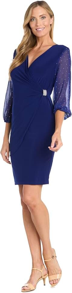 R&M Richards Women's ITY Wrap Dress with Sheer Studded Sleeves