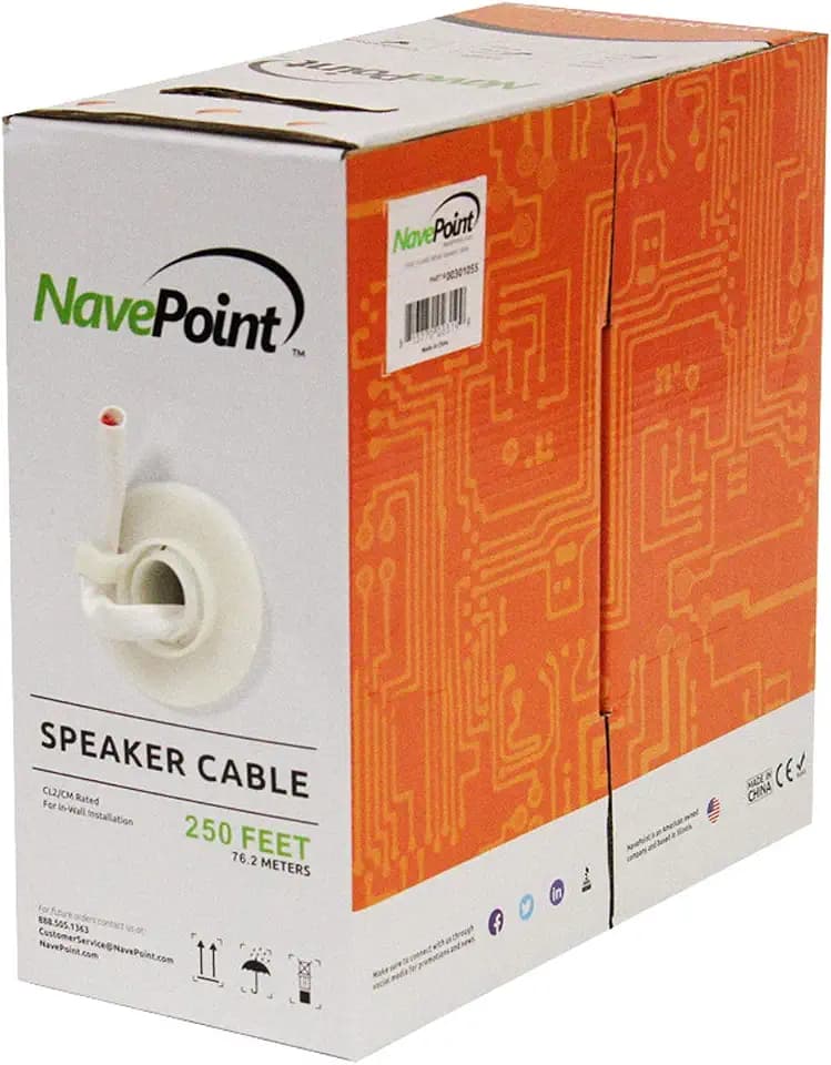 NavePoint 250ft in Wall Audio Speaker Cable Wire CL2 16/2 AWG Gauge 2 Conductor Bulk White