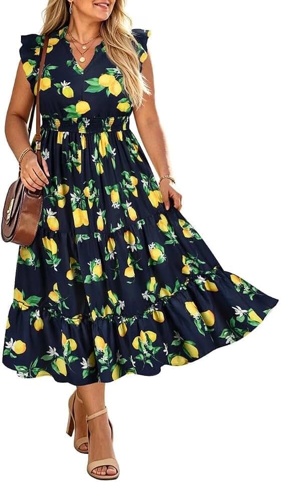 RITERA Plus Size Dress for Curvy Women Summer Cap Sleeve V Neck Boho Maxi Dresses Floral/Gingham/Stripe XL-5XL 14W 28W