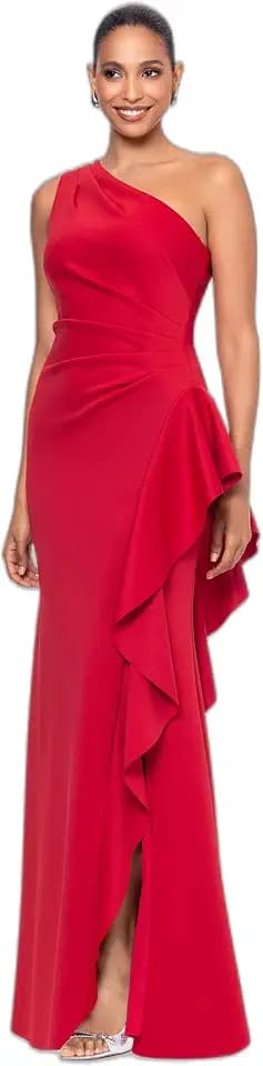 Xscape Women's Floor Length One Shoulder Ruched Waist with Ruffle Bodice Evening Dress with Side Slit