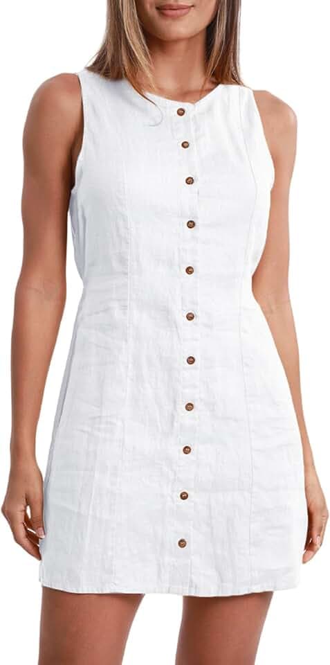 Amazhiyu Damen Kleid aus reinem Leinen, ärmellos, Knopfleiste, lässig, Mini-Tank-Leinenkleid