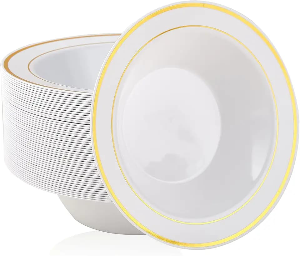 JOLLY PARTY 50PCS Plastic Bowls with Gold Rim 12oz Disposable Soup Bowls