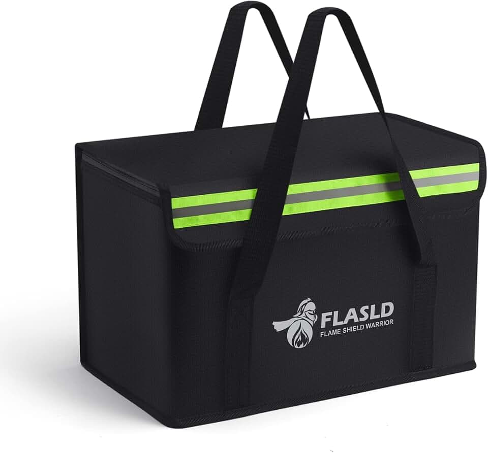FLASLD Large Fireproof Lipo Bag for 100Ah Lithium Battery Storage and Charging, 14 x 7.8 x 9.5in Waterproof Box for Documents and Valuables