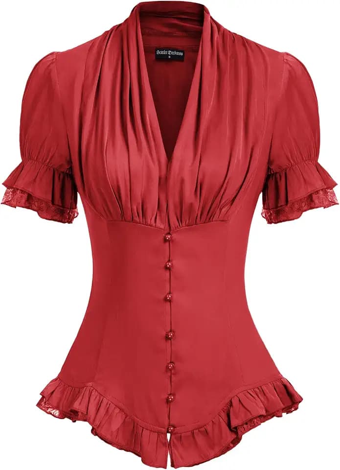 Scarlet Darkness Womens Work Tops Elegant Short Sleeve Victorian Blouse