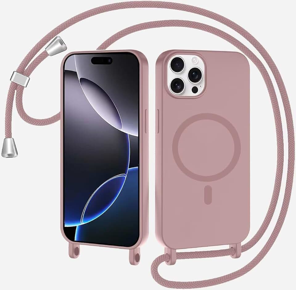 SLWYF Magnetische Handykette für iPhone 13 Pro Hülle mit Band, Handyhülle Kompatibel mit MagSafe, Silikon Seil Necklace Handyhülle PU Stoßfest mit Abnehmbar Kordel zum Umhängen Case - Sandpulver