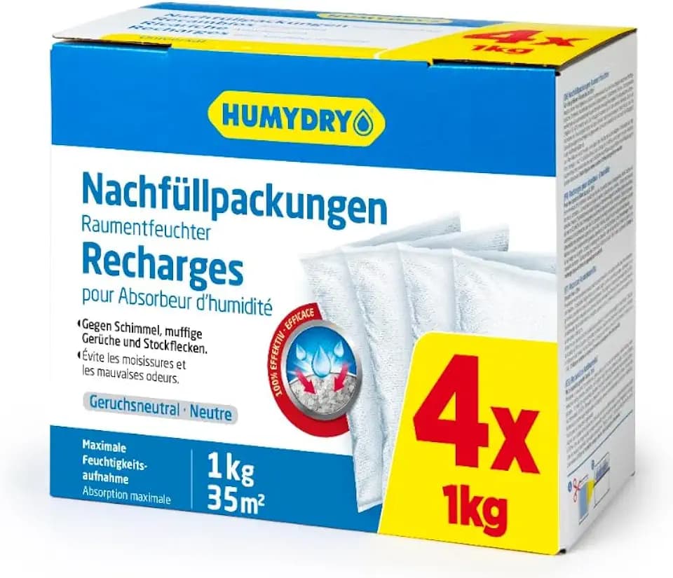 HUMYDRY-Set mit 4x1 kg Feuchtigkeitsabsorbierenden Nachfüllbeuteln-Universeller Luftentfeuchterbeutel- Absorbiert Feuchtigkeit in Räumen bis zu 35m²-Kompatibel mit 1kg Premium-und Magnum-Geräten