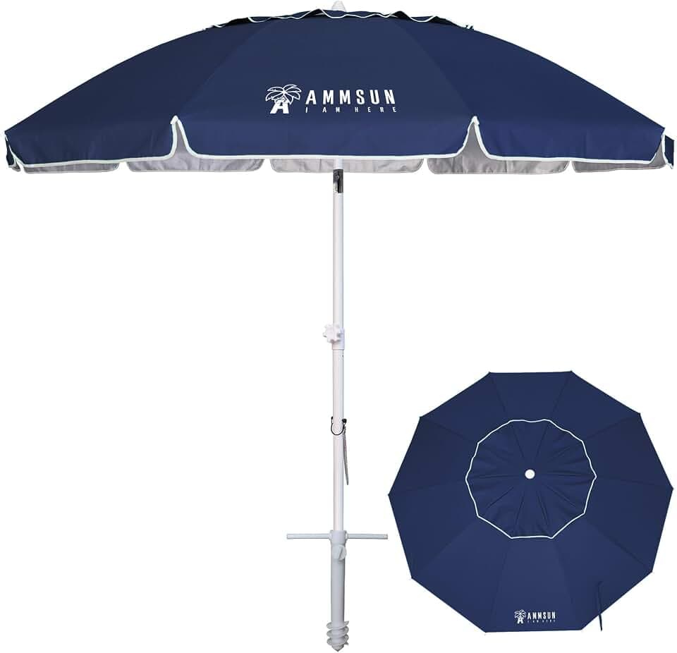 AMMSUN 8 Feet Large Beach Umbrella with Sand Anchor Heavy Duty High Wind Portable Outdoor Umbrellas UV 50+ Protection Air Vent Tilt Patio Garden Pool